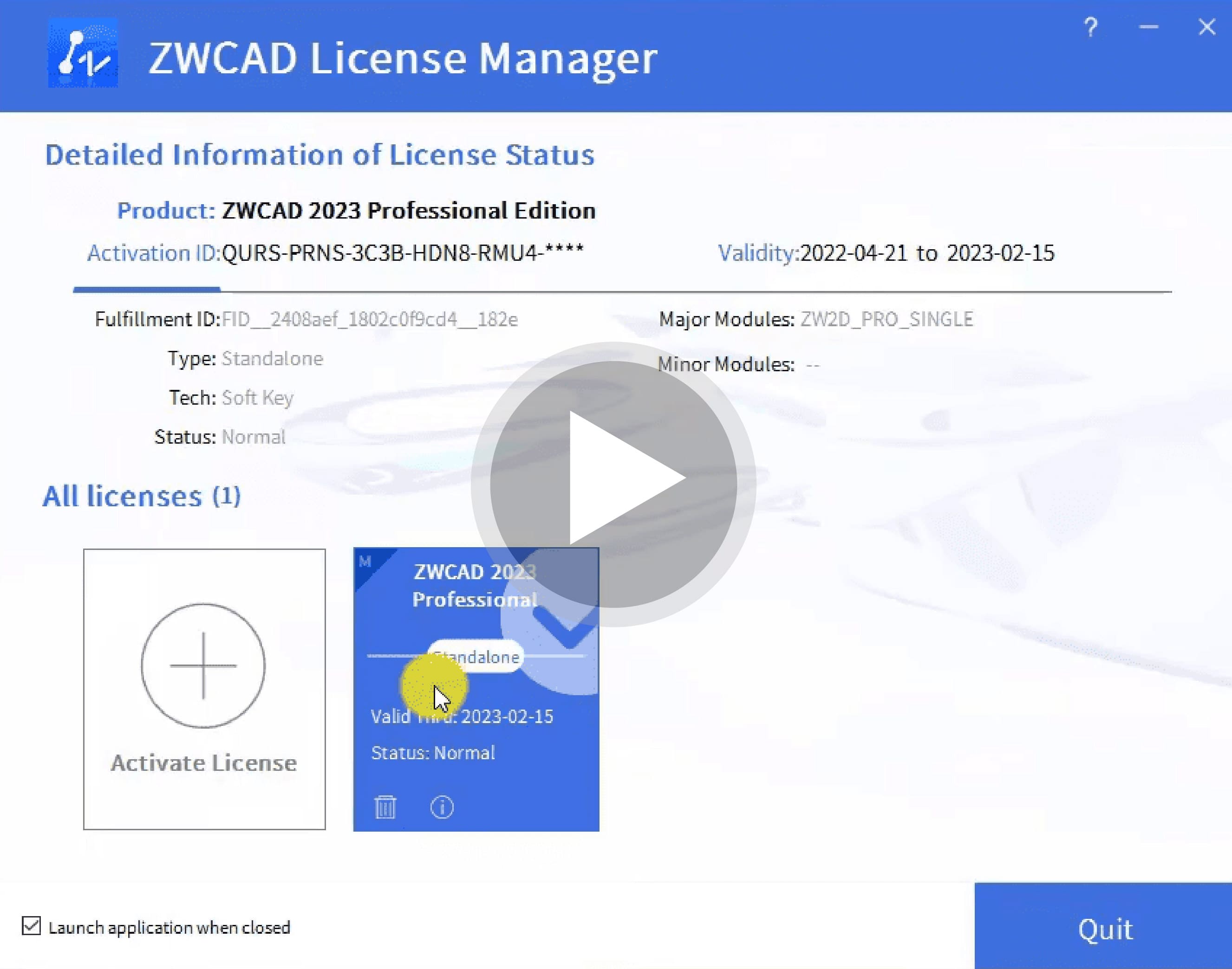 Activate License ZWCAD Video Standalone License